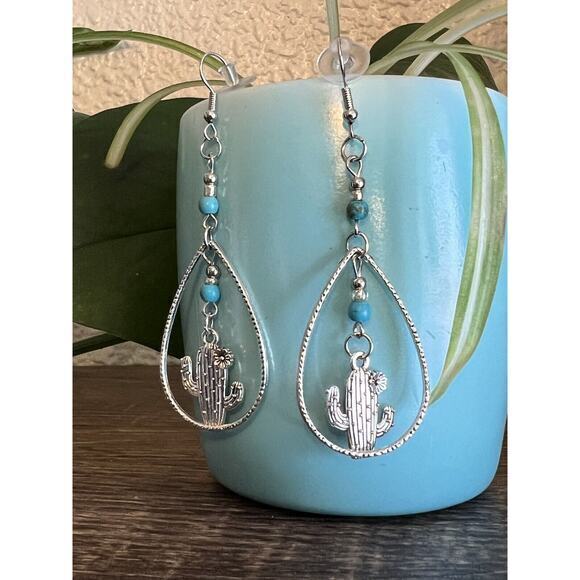 Silver Tone Earrings with Turquoise Glass Beads Teardrop Oval Shaped with Cactus - Picture 2 of 5